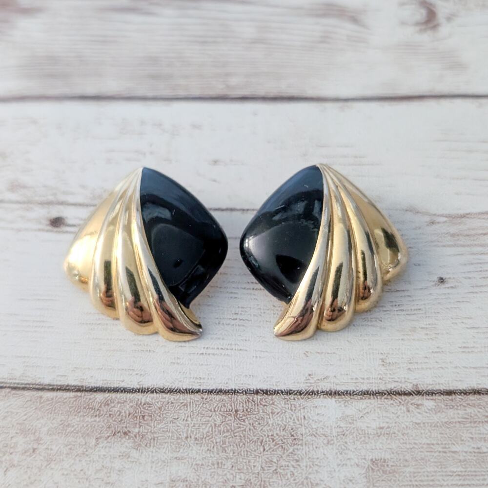 Vintage Stud Earrings Large Statement Retro Black & Gold Tone